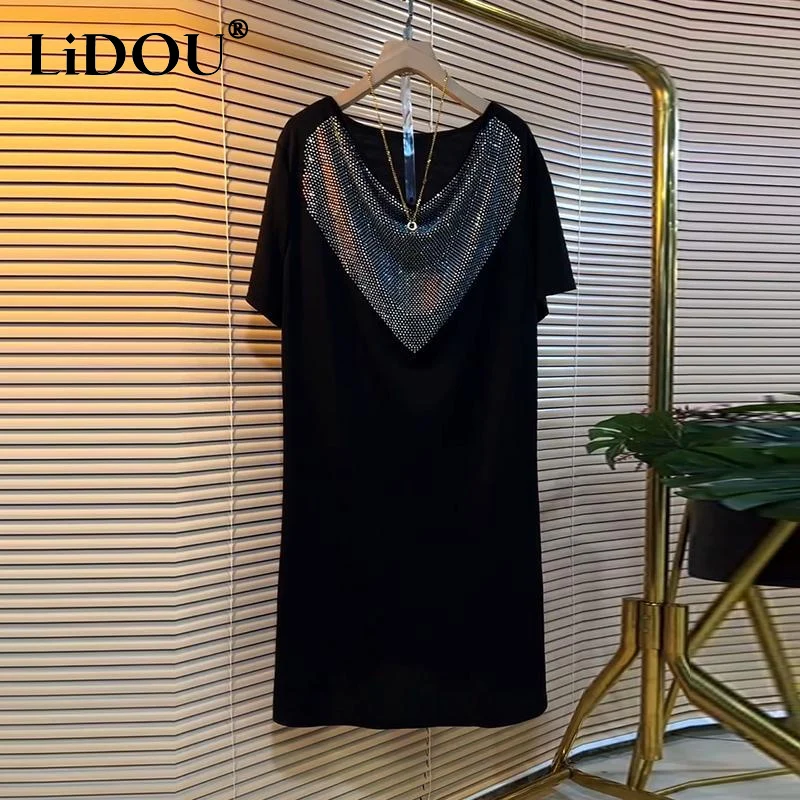 Summer New Solid Color Fashion Short Sleeve Midi Dress Women High Street Casual Loose Diamonds Elegant Dress All-match Vestidos