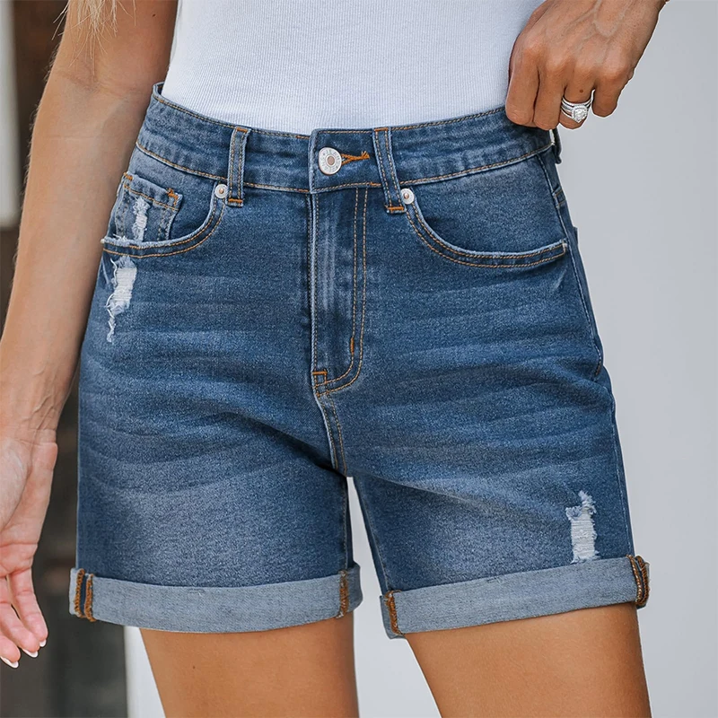 High Street Worn-Out Rolled Women Jean Shorts Summer New Straight Slimming Denim Shorts Korean Fashion Plain Female Hot Pants