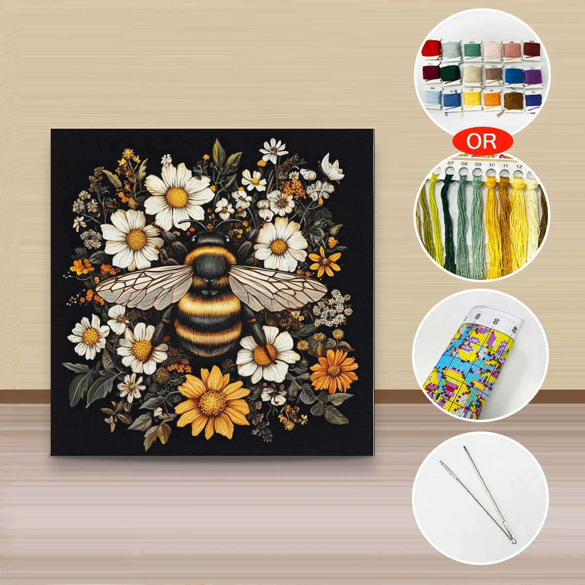 1 Stück 40x40 cm/15,74 Zoll, 11Ct/14Ct Kreuzstich-Set, DIY Valentinstagsgeschenk, Stickerei-Set für Festlichkeiten, Biene auf schwarzem Hintergrund – Detail 2