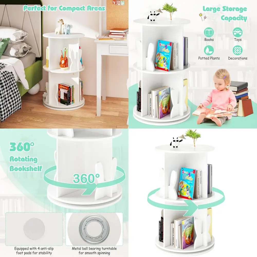 

Двухуровневая компактная книжная полка с поворотом на 360 градусов ° Вращающийся дисплей для дома и детской комнаты, белый