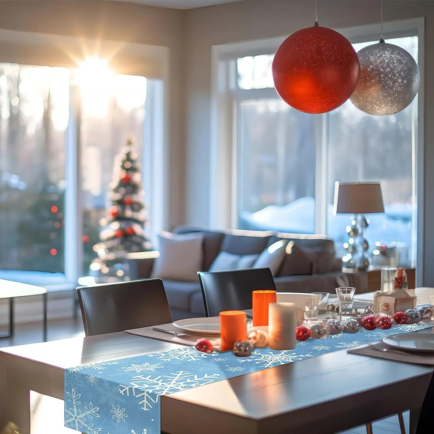 Snowflake Table Runner - Light Blue White Linen Multi-Size Indoor Outdoor Holiday Decor