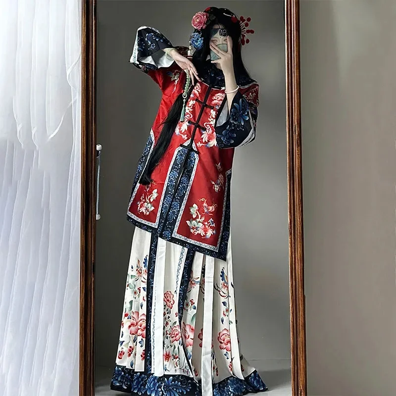 Originele Qing Han Vrouwen Restauratie Hanfu Dubbele Rij Knopen Etnische Kleding Zware Industrie Gedrukt Paard Gezicht Nieuwe Qing Dynastie Set