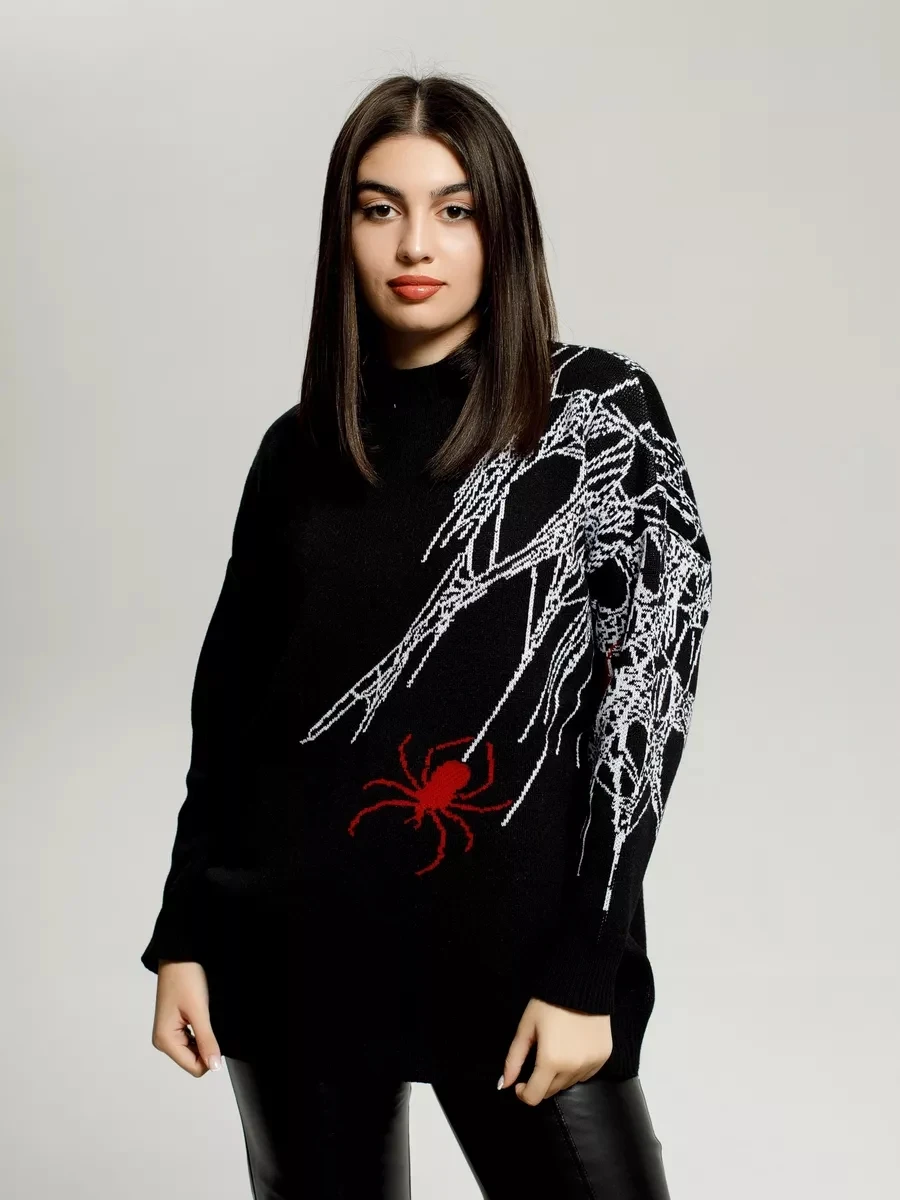 Sweater wanita, gambar Spider Web longgar lengan panjang Gotik Hip Hop pakaian jalanan Y2K Sweater ukuran besar