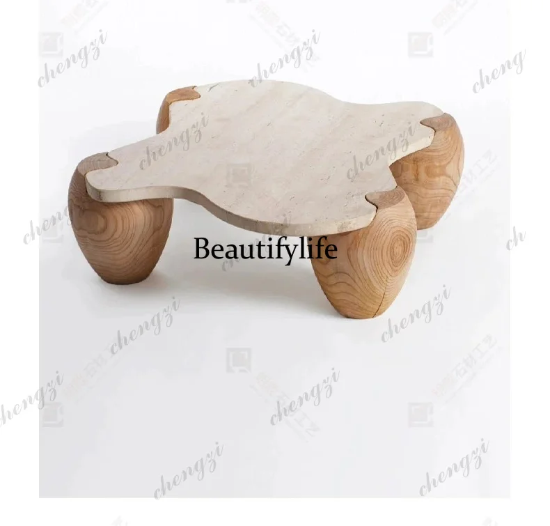 Ivory white travertine Nordic natural tea table solid wood base simple villa senior design living room
