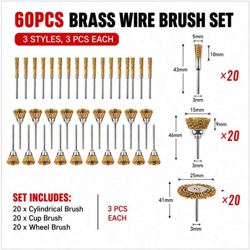 60PCS Wire Brush Set – Steel & Brass Rust Removal Wheels, T-Shape Polishing Brushes with Shank, Assorted Round Brushes