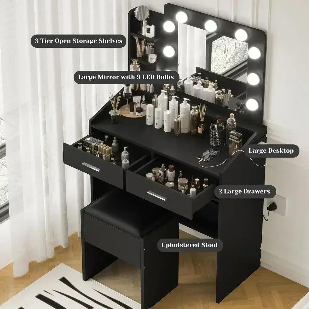 Luxury Vanity Desk with Mirror, Lights, and 2 Drawers, 3-Light Option, Dimmable LED, Included Tools
