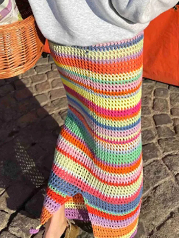 Summer New Women's Pleated Skirts Fashion Colorful Printed Knitted Skirts Elegant High Waist Mesh Hollow Out Slim A-line Skirts