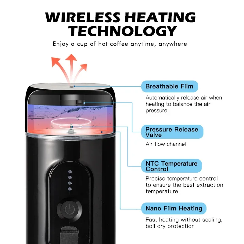 Cafetera automática portátil con calefacción inalámbrica, máquina de Espresso con cápsula eléctrica de 20 Bar para viajes al aire libre y el hogar, 7500mAh