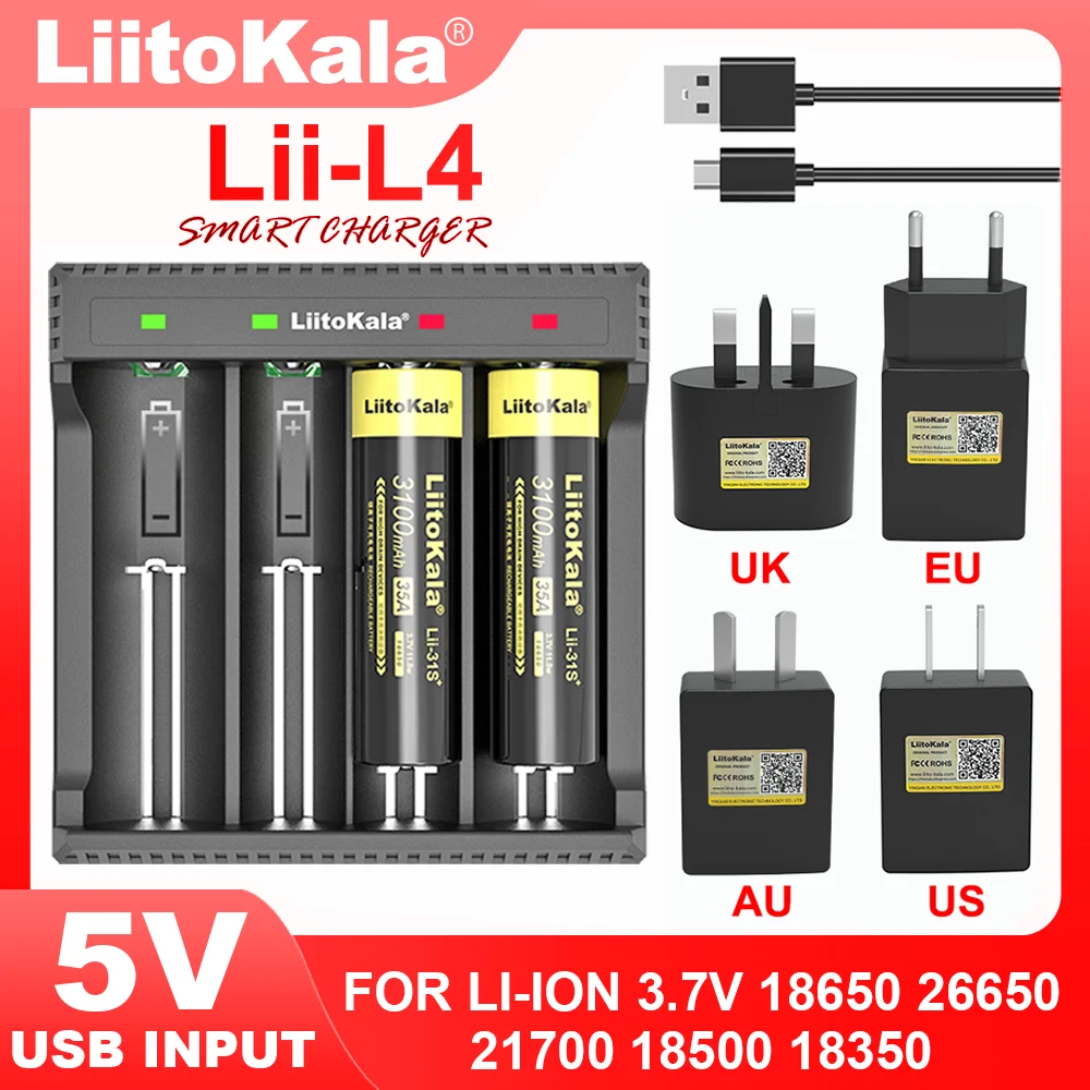 Lii-L2 Lii-L4 Liitokala Lii-402 Lii-202 wtyczka 5V EU US UK dla 3.7V 18650 18350 26650 18490 14500 21700 inteligentna ładowarka