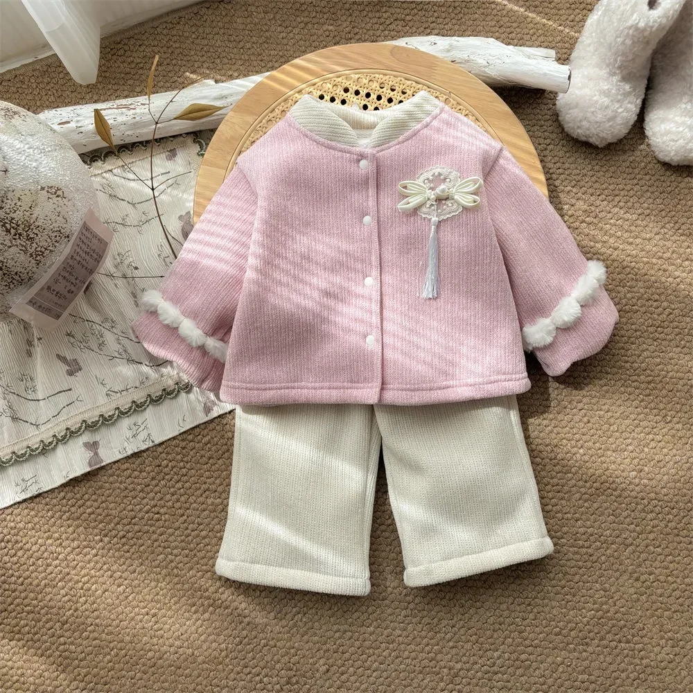 2024 Winter New in Chinese Style Kids Baby Girls Thicken Top Coat + Solid Color Pants , Toddler Infant Clothing Set 2pcs 3M-3Y