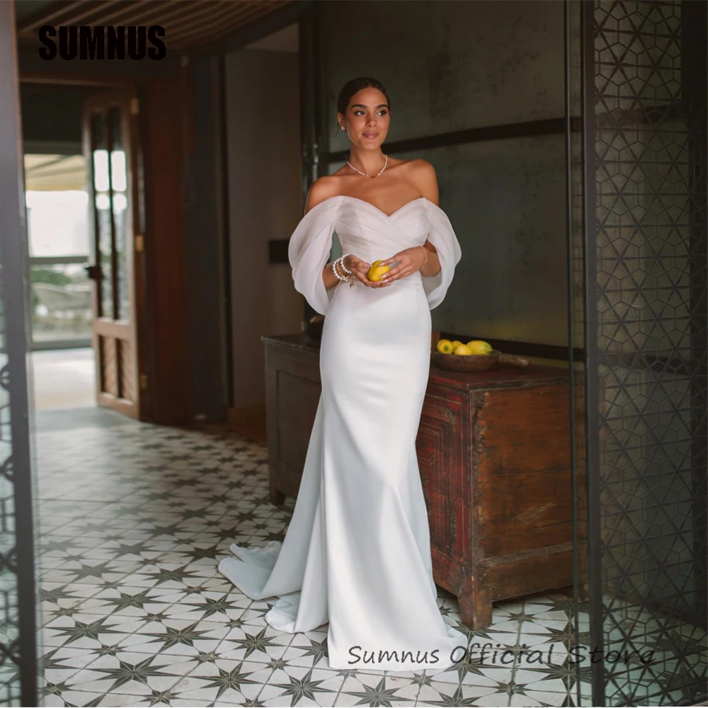 SUMNUS-vestidos De graduación con hombros descubiertos, ropa clásica hasta el suelo, tren De barrido, boda, Blanco Simple