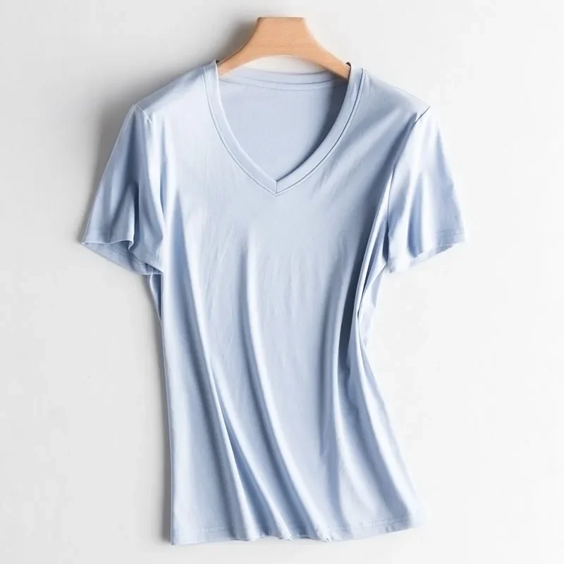 MRMT 2024 Brand New V-Neck Mercerized Cotton t-Shirt Women Ice Silk Cotton Women Short-Sleeved Pure Cotton Top Women's Tshirt