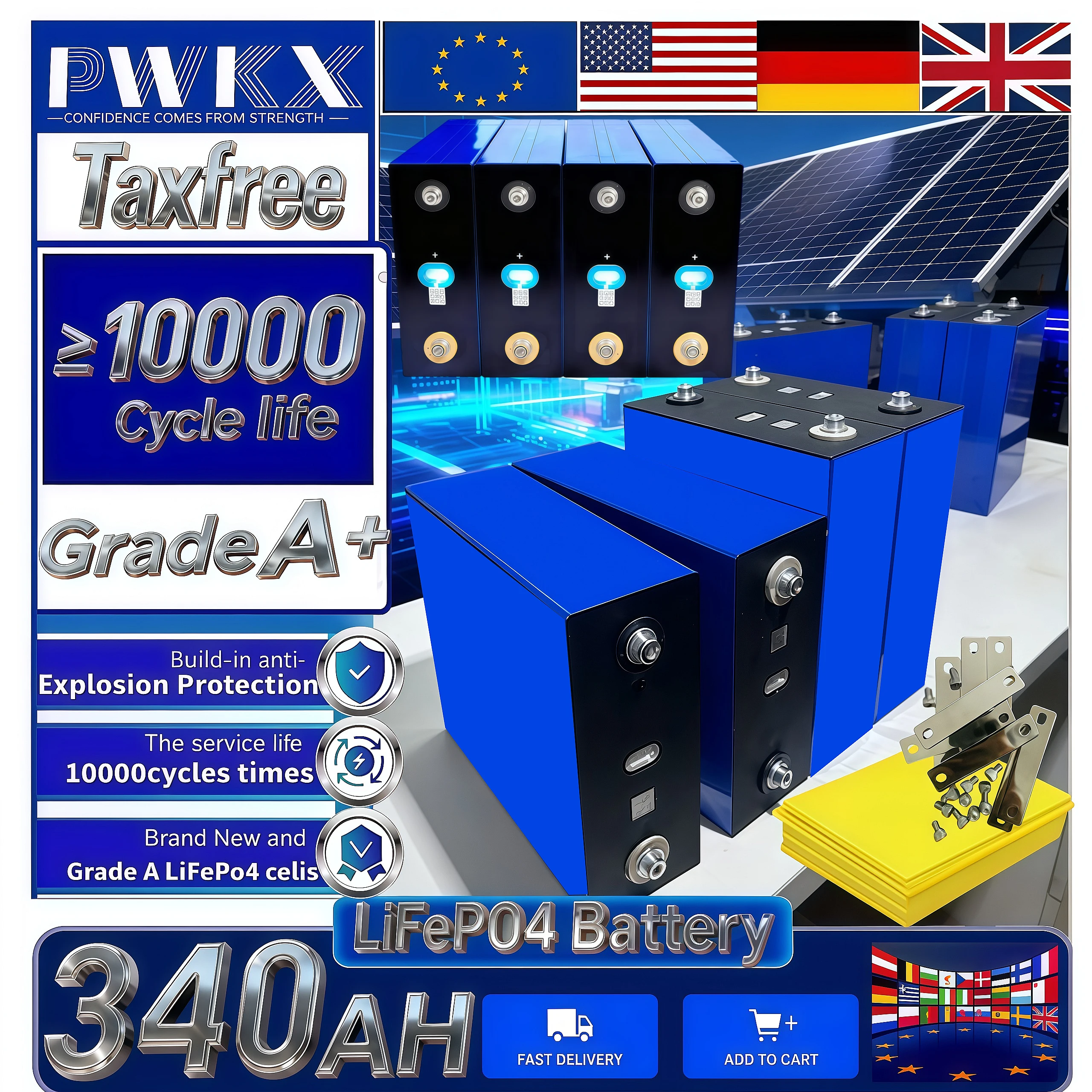 4-32 قطعة 10000 دورة 3.2 فولت Lifepo4 340AH بطارية قابلة للشحن الصف أ DIY12V 24 فولت 48 فولت RV EV جولف الطاقة الشمسية التخييم واجب خالية