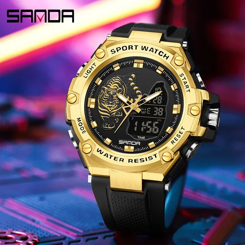 SANDA Dual Display Watch Mens Watches Top Brand Luxury Gold Case Luminous 50M Waterproof Multifunctional Chronograph Watch 3173