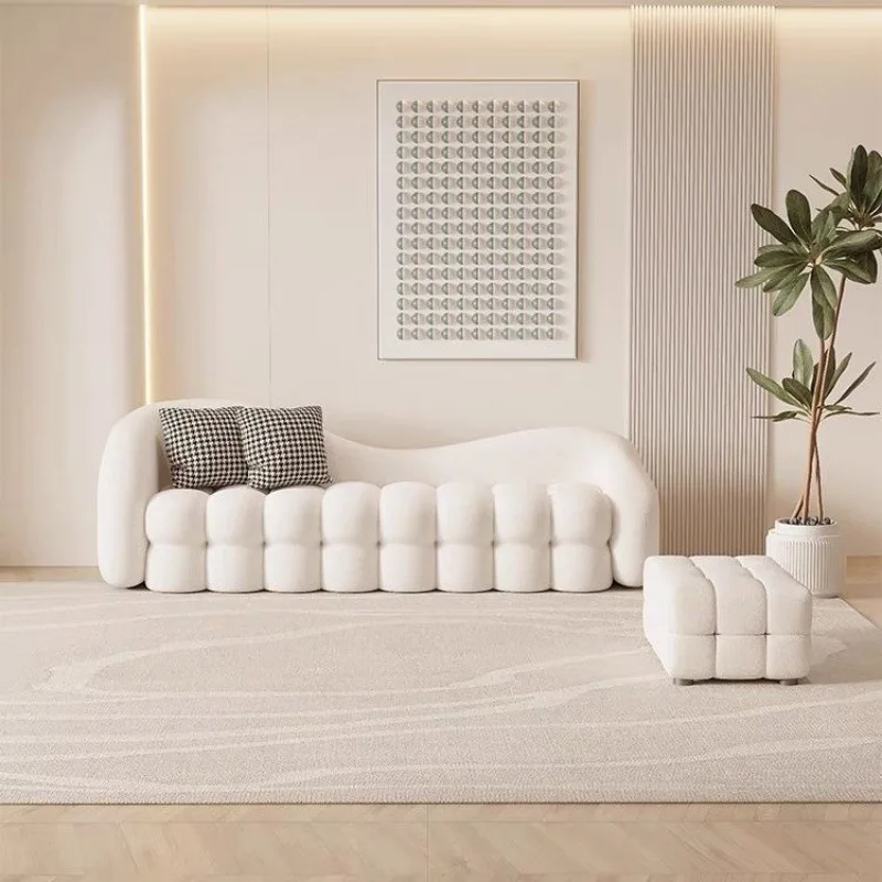 ！@ Curved Nordic Sofa Set Modern Boucle Fabric Cloud Sofa with Armchair & Ottoman Wavy Living Room Furniture for Hotel Use - view 3