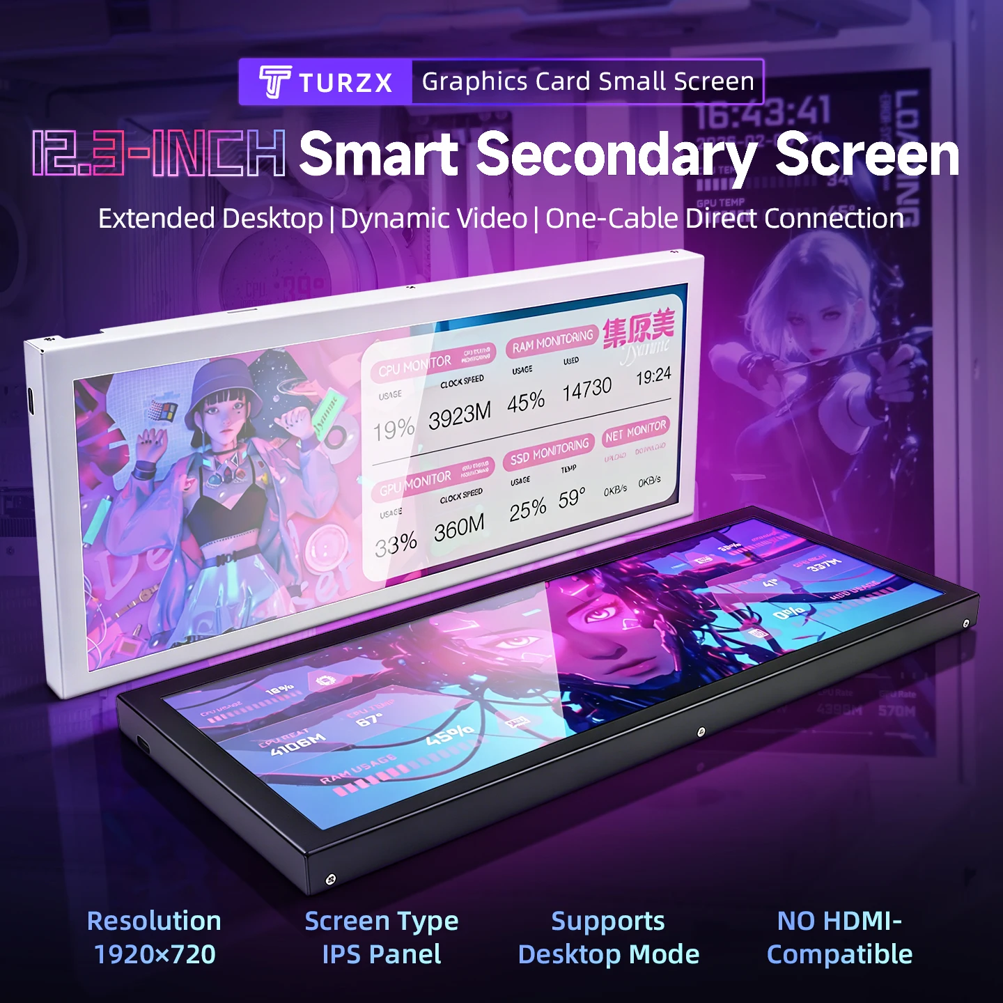 12.3 Inch IPS Secondary Screen TURZX New 1920x720 USB-C Interface CPU GPU RAM Computer Monitor Extended Screen for Windows 10 11