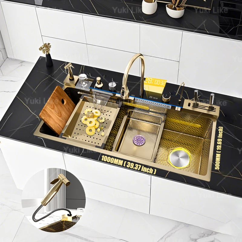 حوض مطبخ شلال من الفولاذ المقاوم للصدأ جديد مع رف تصريف شاشة ديجيتال فتحة واحدة كبيرة أحواض غسيل الأطباق وعاء الغسيل #3