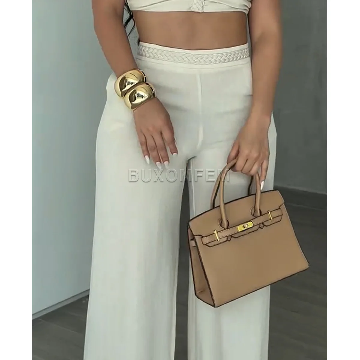 Two Piece Woven Strapless & Trimmed Flared Pants Set Women's Fashion Jumpsuits Streetwear Outfit Stylish Evening Party Clothings view 6