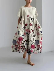 Street Fashion Trend Women's Long Dress Fresh Flower 3D Print Elegant Round Neck Knee-length Dress Outdoor Holiday Casual Dres
