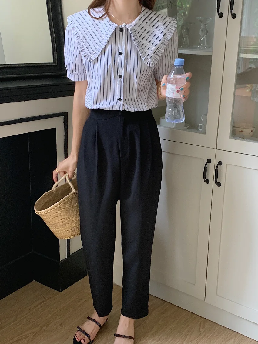 

High Waist Ox Street Casual Pants Women's Nine Points Wide Straight Leg Pants Summer Commute Sle Asymmetric kets