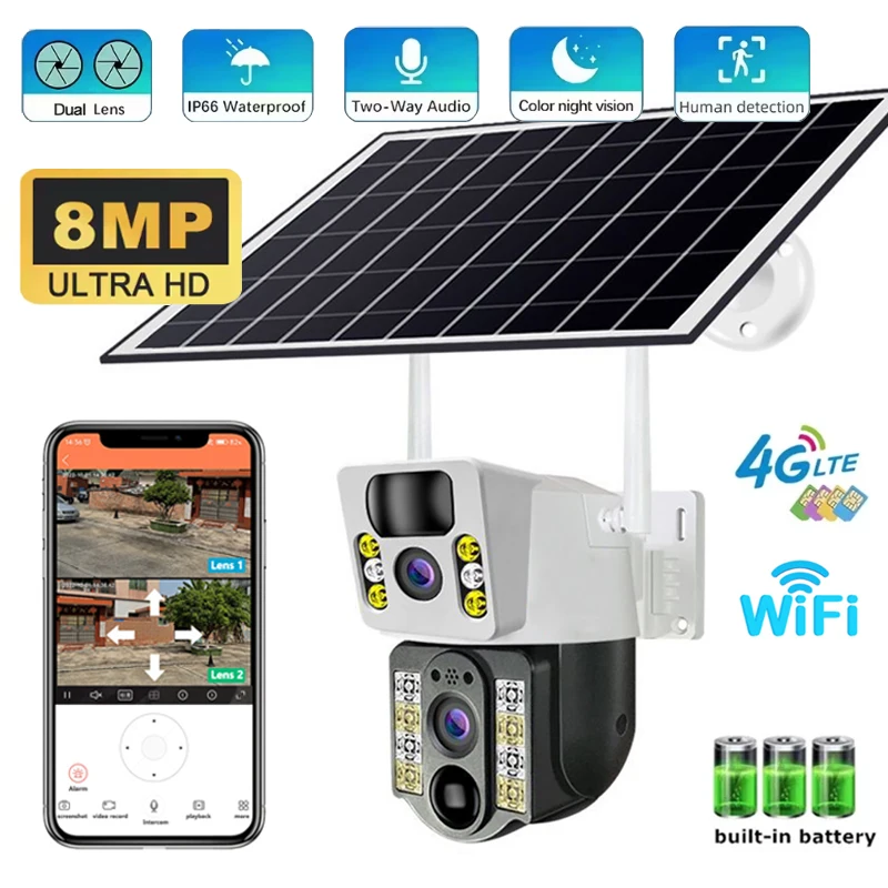 

8MP 4G Солнечная камера Открытый двойной объектив Двойной экран WIFI IP-камера Ночное видение Обнаружение движения Камера видеонаблюдения