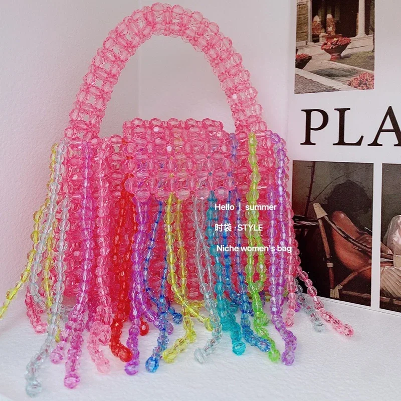 

New Acrylic Handwoven Flip Top Handheld Women's Bag Ins Fashion Pink Tassel Design Beaded Bags for Women 2024 Customization