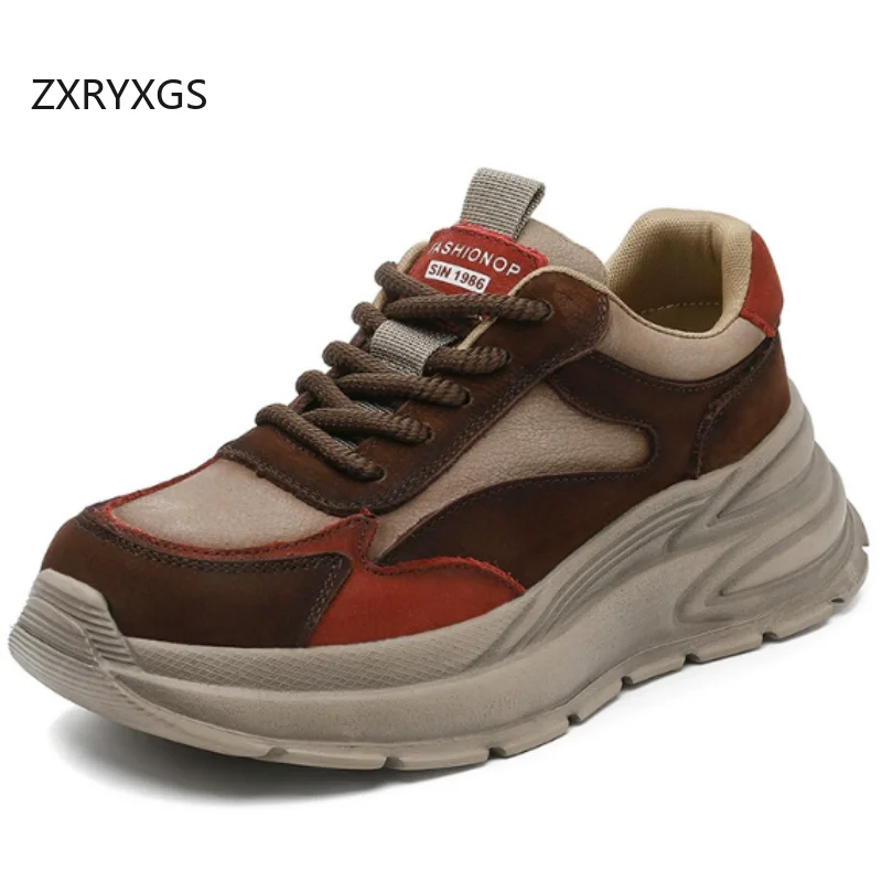 ZXRYXGS Top Layer Cowhide Splicing and Color Matching Women Trendy Sneakers 2026 New Autumn Lace-up Thick Sole Increase Sneakers