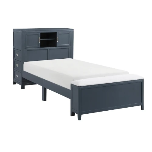 ！@Modern Navy Blue Twin Adjustable Platform Bed Bookcase Headboard Drawers Hidden Desk Stool Footboard Storage Bench Bedroom
