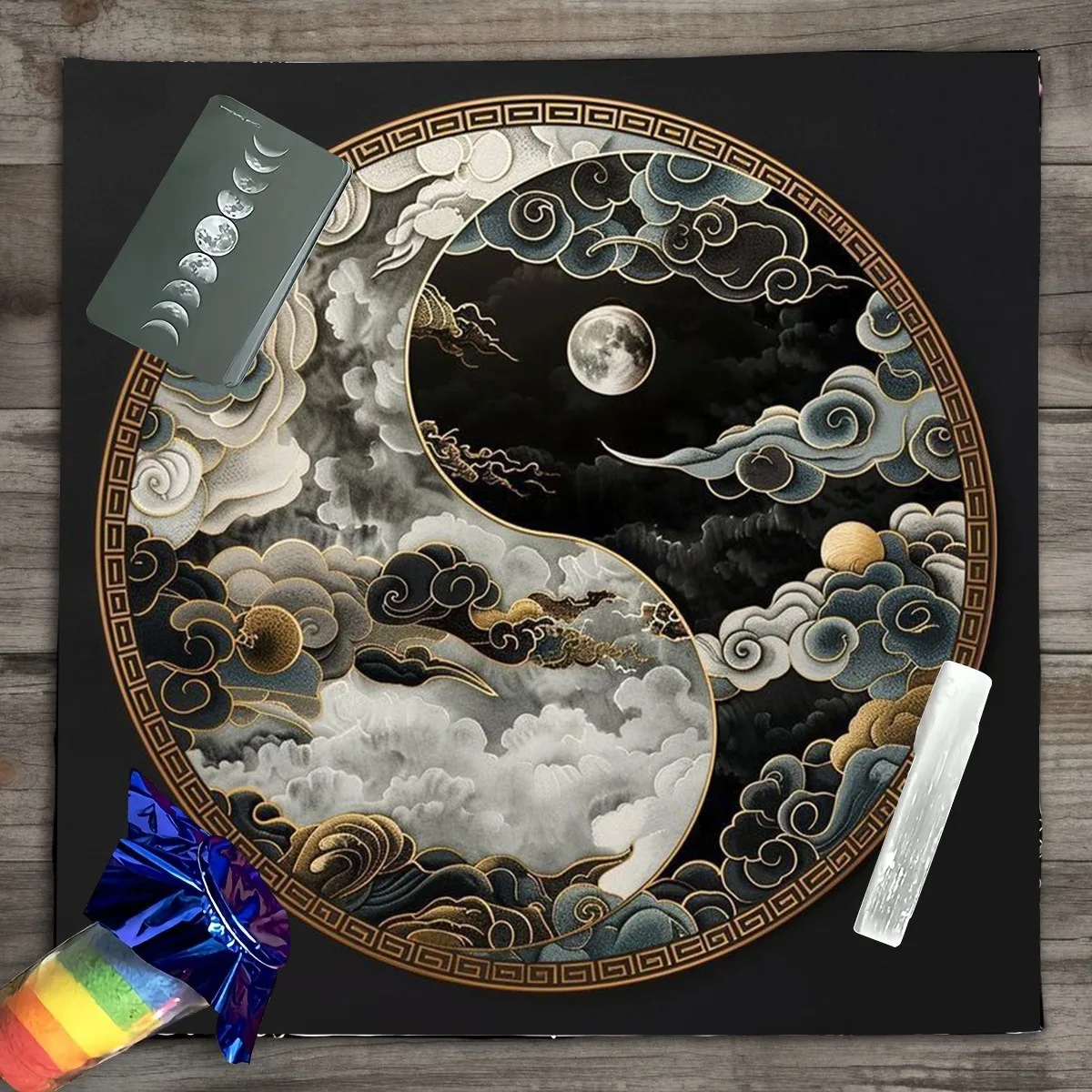 Yin Yang Tarot Altar Cloth Multiple Sizes HD Sublimation Print Taiji Cloud Moon Star 100 Polyester Machine Wash Meditation