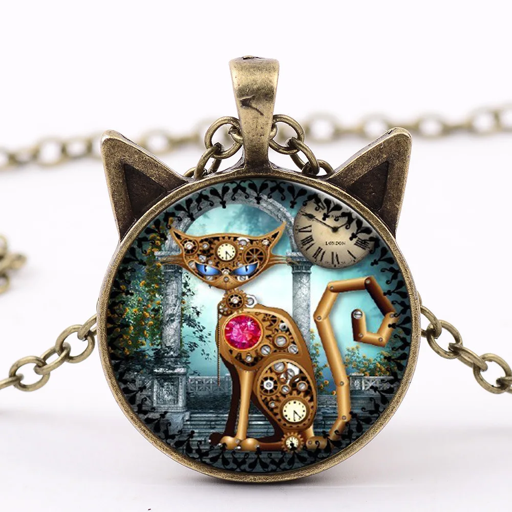 Punk Cat Glass Pendant Necklace Lovely and Cool Design Jewelry Sweater Chain Wholesale