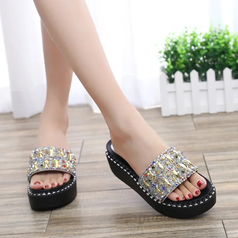 Comemore Slides Women Shoes Wedge Slipper Beach Slides 2024 Platform Shoes Rhinestone Sandals Women Slippers Zapatos De Mujer