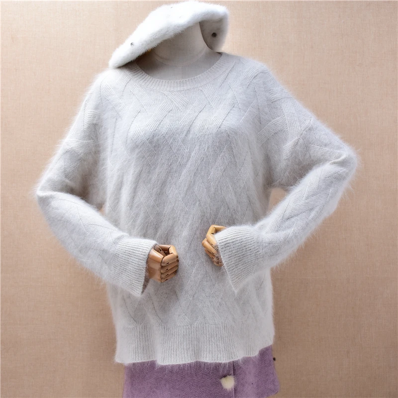 

Ladies Women Fall Winter Fashion Jacquard Hairy Angora Rabbit Hair Knitted O-Neck Long Sleeves Loose Pullover Sweater Jumper Top