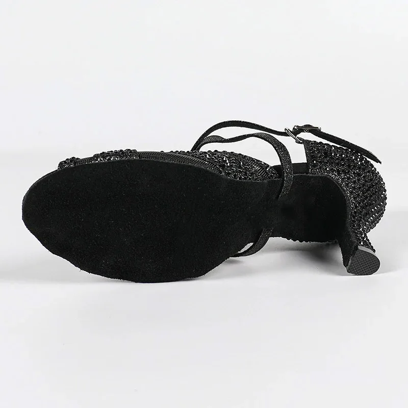 EVK Women's Black Rhinestone Mesh Dance Shoes Ankle Strap Latin Salsa Tango 7cm Heel Competition Sneakers Party Dancing Footwear