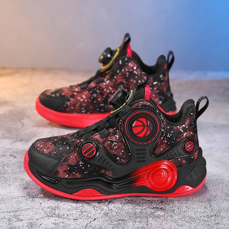 

2025 Kids Basketball Shoes with Swivel Button Design Boys Fashion Sneakers Children School Casual Sports Shoes Outdoor Trainers