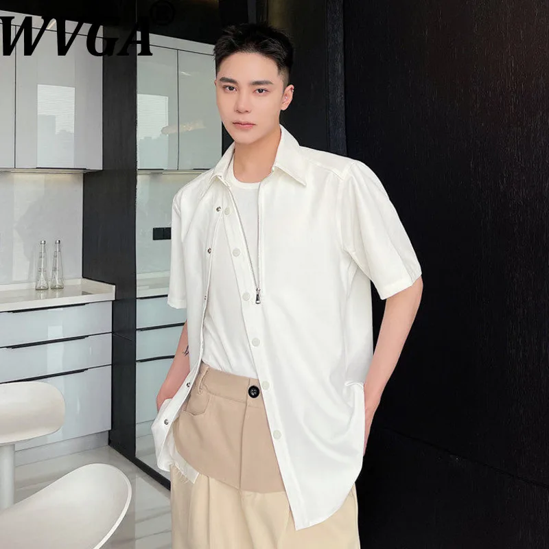 WVGA Summer New Men's Tide Personalized Zipper Design Trendy Short Sleeve Tops Niche Casual Turn-Down Collar T-shirts Ins W22228