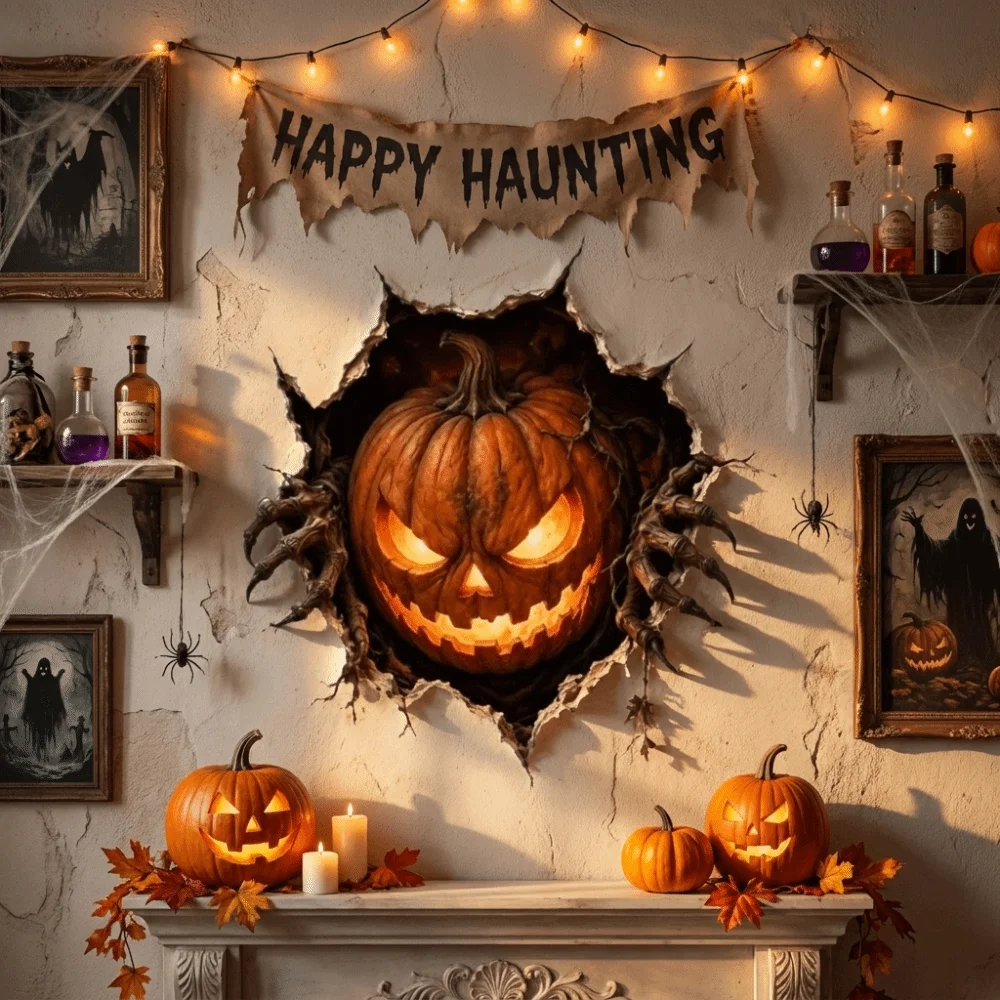 2D Flat Ghost Pumpkin Wall Decal Self-Adhesive Spooky Halloween Skeleton Wall Stickers Realistic Electrostatic