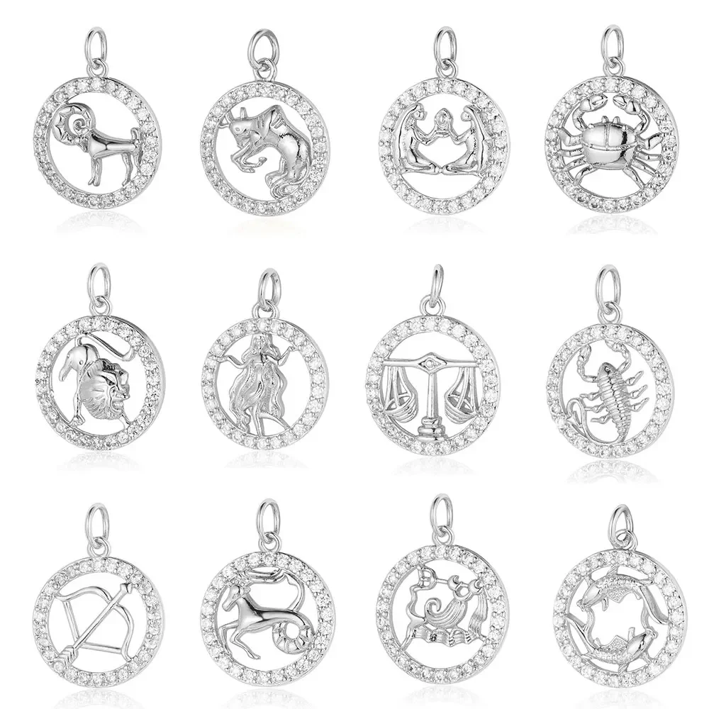 3pcs/Lot Round Constellation Zodiac Sign Copper Cubic Zirconia Charm Wholesale Horoscope Pendant for Bracelet Necklace Making
