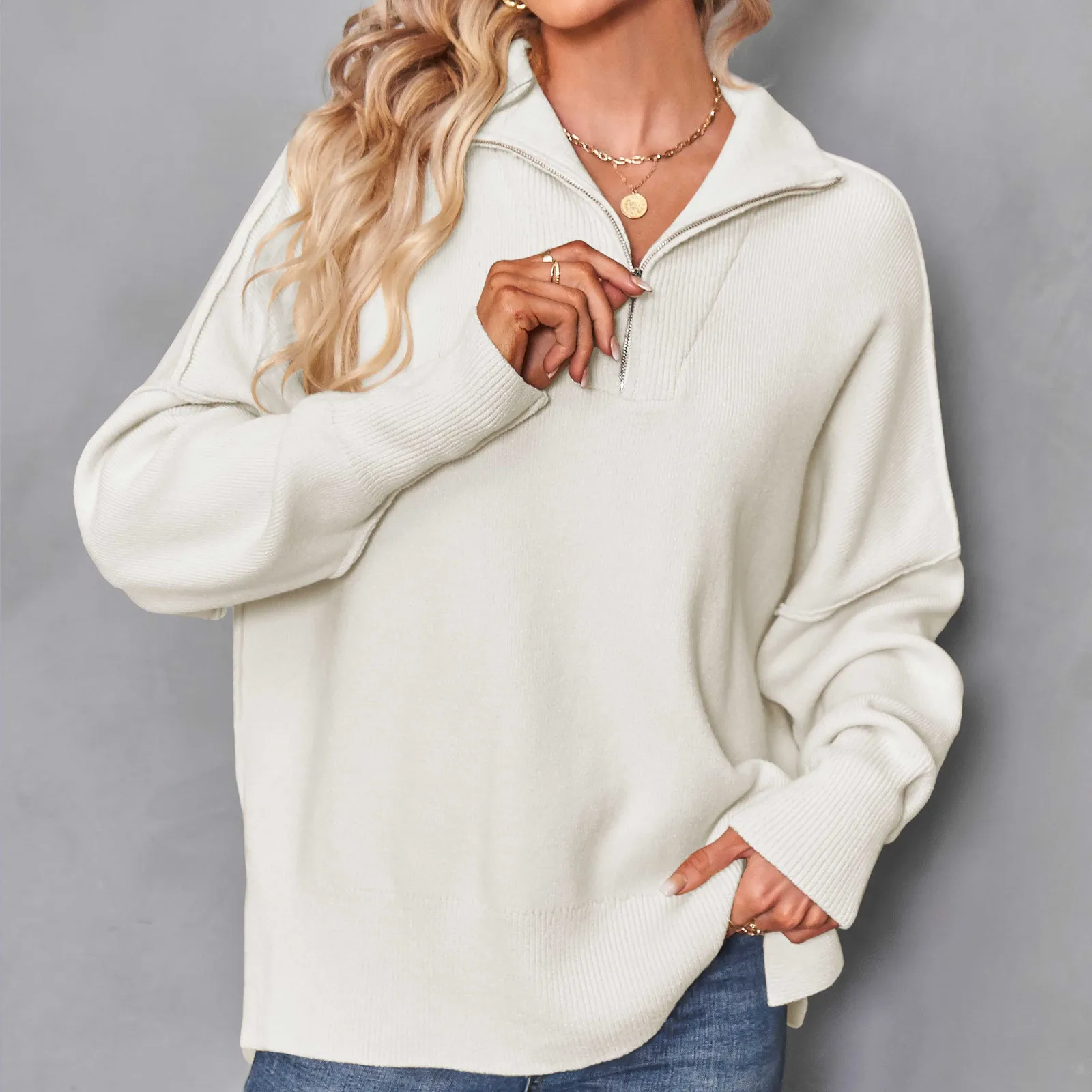 Winter Women's Knitted Texture Pullover Sweatshirt Fashion Solid Color Half Zipper Long Sleeves V Neck Pullover Sweater Fall Top