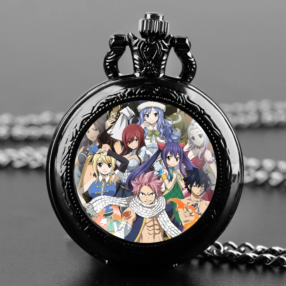 Anime Glass Dome Black Quartz Pocket Watch with Arabic Numerals Dial and Durable Chain Retro Gift for Men Women