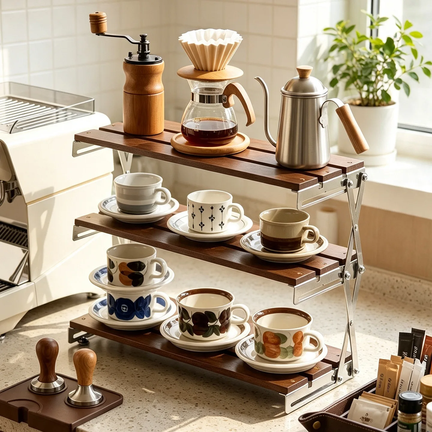 Dining table rack Small non-solid wood multi-layer storage water cup holder Household desktop teacup kettle folding rack