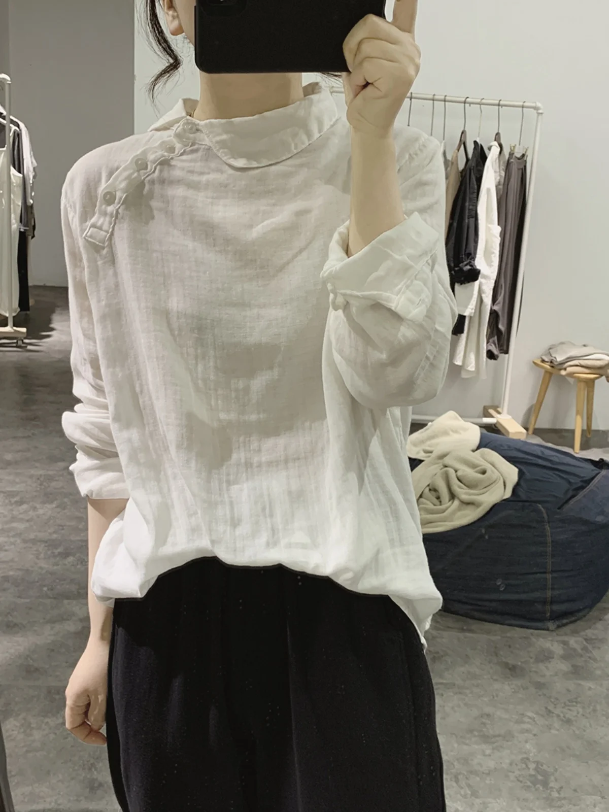 

High-End Cotton Linen White irt Asymmetric Doll Collar Vintage Anti-Aging Pure Cotton Top Korean Sle Loose Fit Long Sve