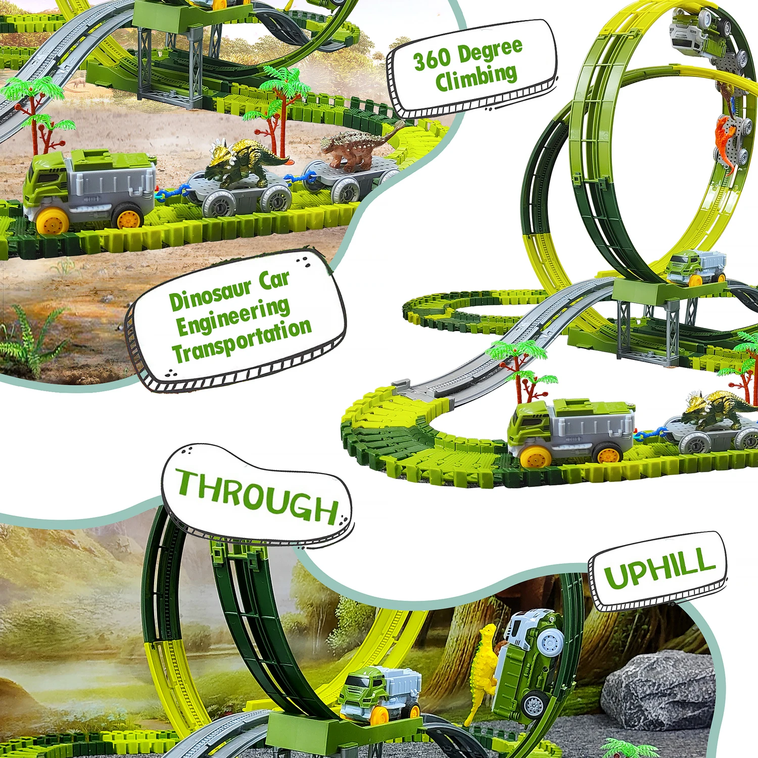 Magic Climbing Track train,Create A Dinosaur World Road Race Tracks, Flexible Track Playset for 3 4 5 6 Year Old Boys Girls Gift