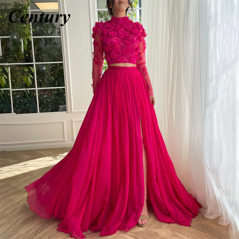 

New Morden Fuchsia Chiffon 2 Piece Evening Party Gowns 3D Flowers Long Sleeves Prom Dresses Floor Length Celebrity Dress