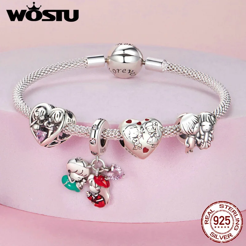 WOSTU 925 Sterling Silver Lovely Little Boy &  Girl Charm Beads For Women Fit Original Charms DIY Necklae Birthday Jewelry Gift