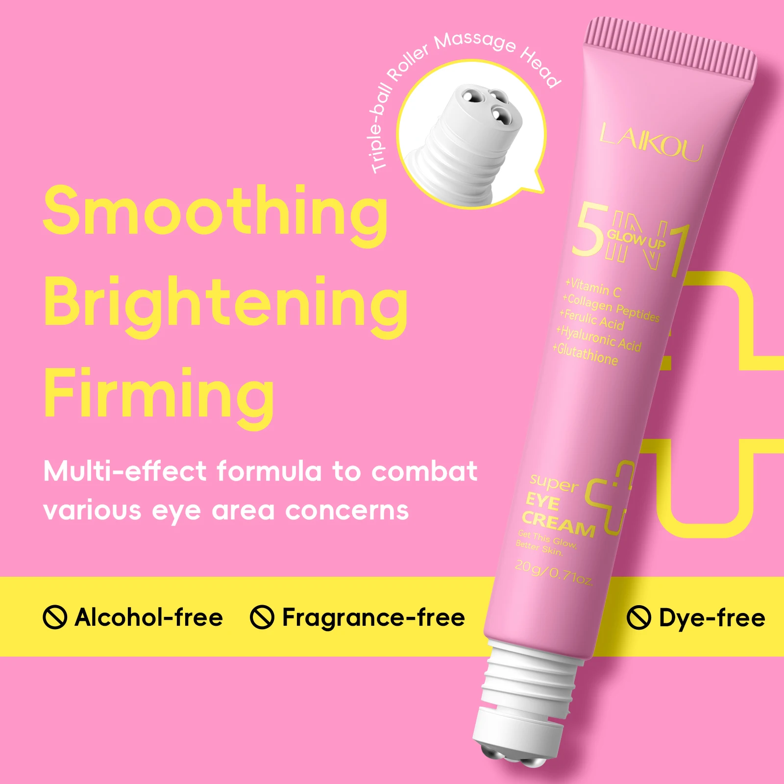 LAIKOU 5 IN 1 Glow Up Super Eye Cream 20g, Triple Roller Smooth Tighten Nourish Eye Care With Collagen Vitamin C Hyaluronic Acid