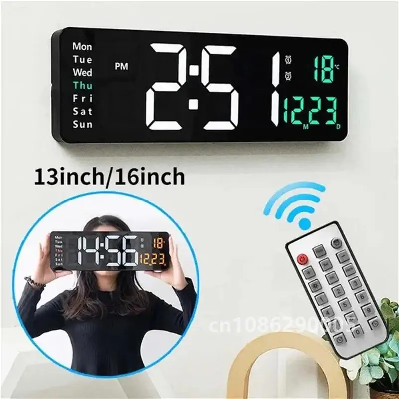 New 13/16 Inch LED Large Digital Wall Clock Remote Control Temperature Date Display Power Off Brightness Adjustable Alarms Clock