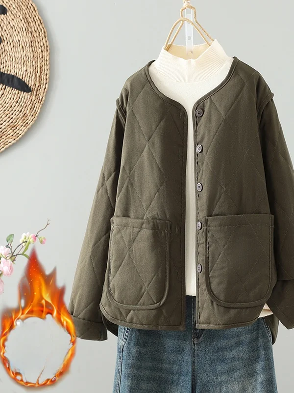 

Loose Fit round Ne Quilted Cotton Jaet Retro Color Versatile Winter Outerwear Comfortable Breathable Women's Coat