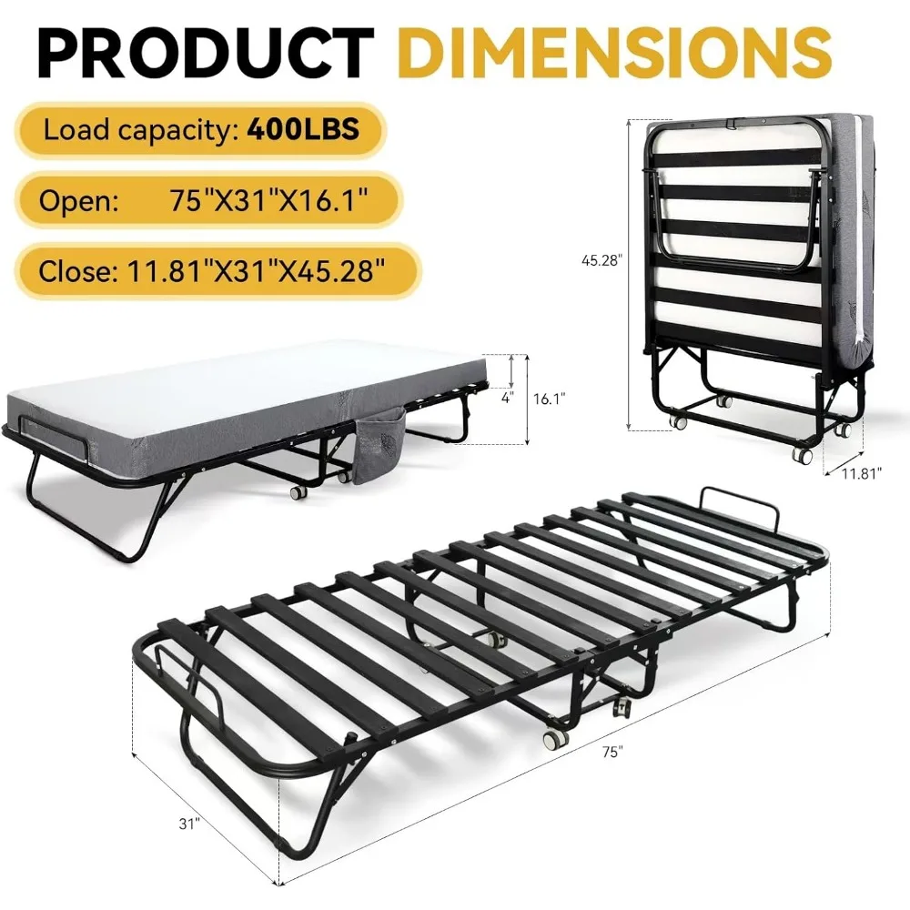 سرير قابل للطي مع مرتبة للبالغين، سرير قابل للطي بحجم واحد مع إطار معدني قوي وإطار خشبي، ضيوف قابل للطي، #3