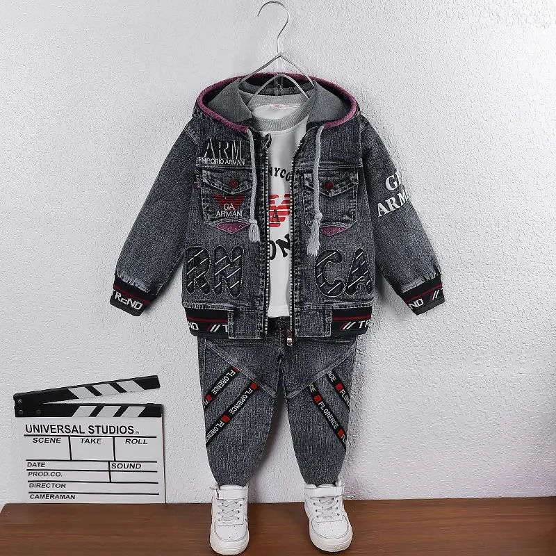 Children Clothes Boy Denim Clothing Sets 2024 Autumn New Fashion Hooded Letters Print 2pcs Jacket & Jeans Suits Top Quality