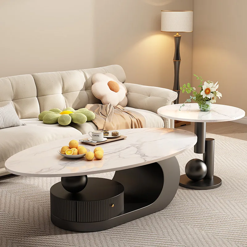 

Italian light luxury oval rock slab table 2024 new living room home coffee combination removable side